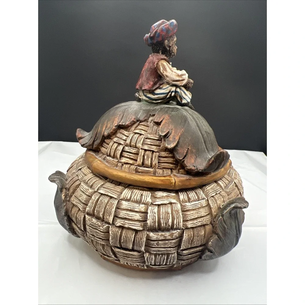 Vintage Lidded Monkey Trinket Box Resin Woven Basket Tureen Jar Jungle Decor